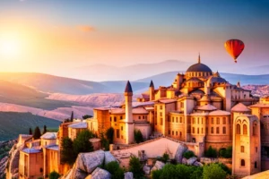 A beautiful image of Turquía's landscape. It could feature iconic elements like the hot air balloons in Cappadocia, the blue waters of the Bosphorus strait, or the ancient ruins of Ephesus. Play up the country's rich history and culture with warm, earthy tones, and highlight the stunning architecture and natural beauty that Turkey has to offer.