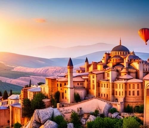 A beautiful image of Turquía's landscape. It could feature iconic elements like the hot air balloons in Cappadocia, the blue waters of the Bosphorus strait, or the ancient ruins of Ephesus. Play up the country's rich history and culture with warm, earthy tones, and highlight the stunning architecture and natural beauty that Turkey has to offer.